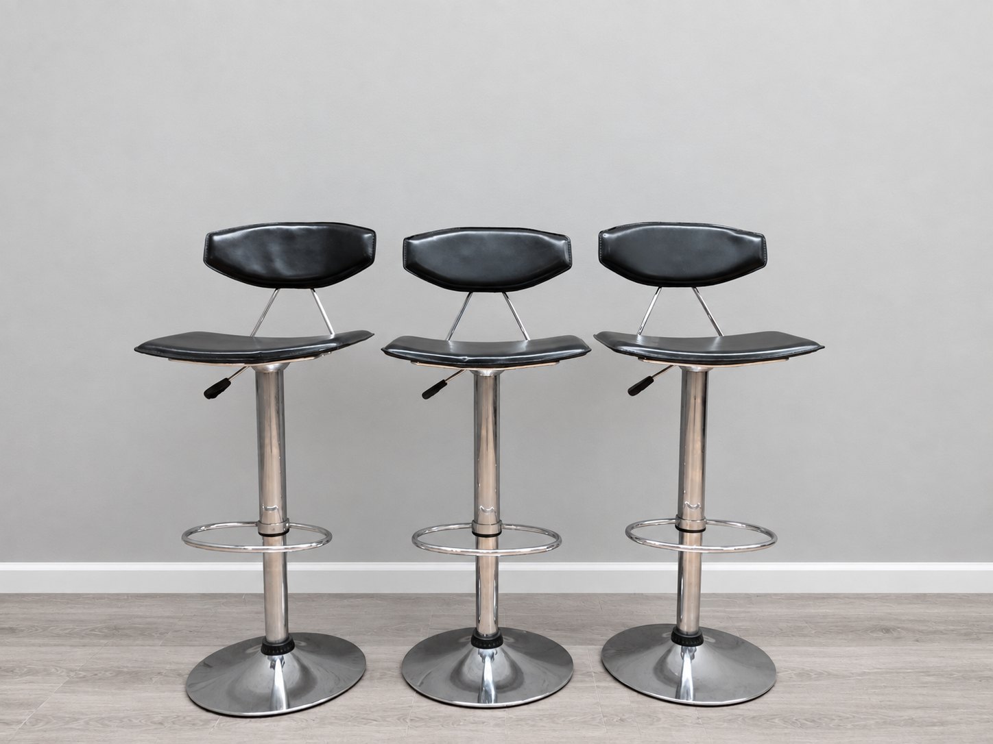 Set of 3 Adjustable Chrome Bar / Breakfast Stools with Black Vinyl Seats