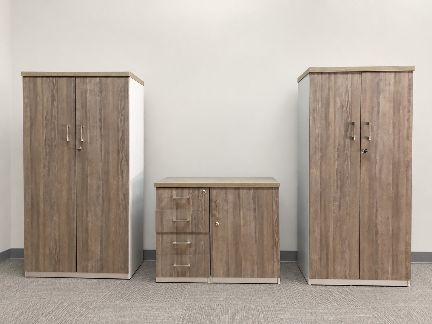 Three-piece Office Storage Set – 2 Tall Cupboards + 1 Low Drawer Cabinet, Laminate Finish, Keys Supplied