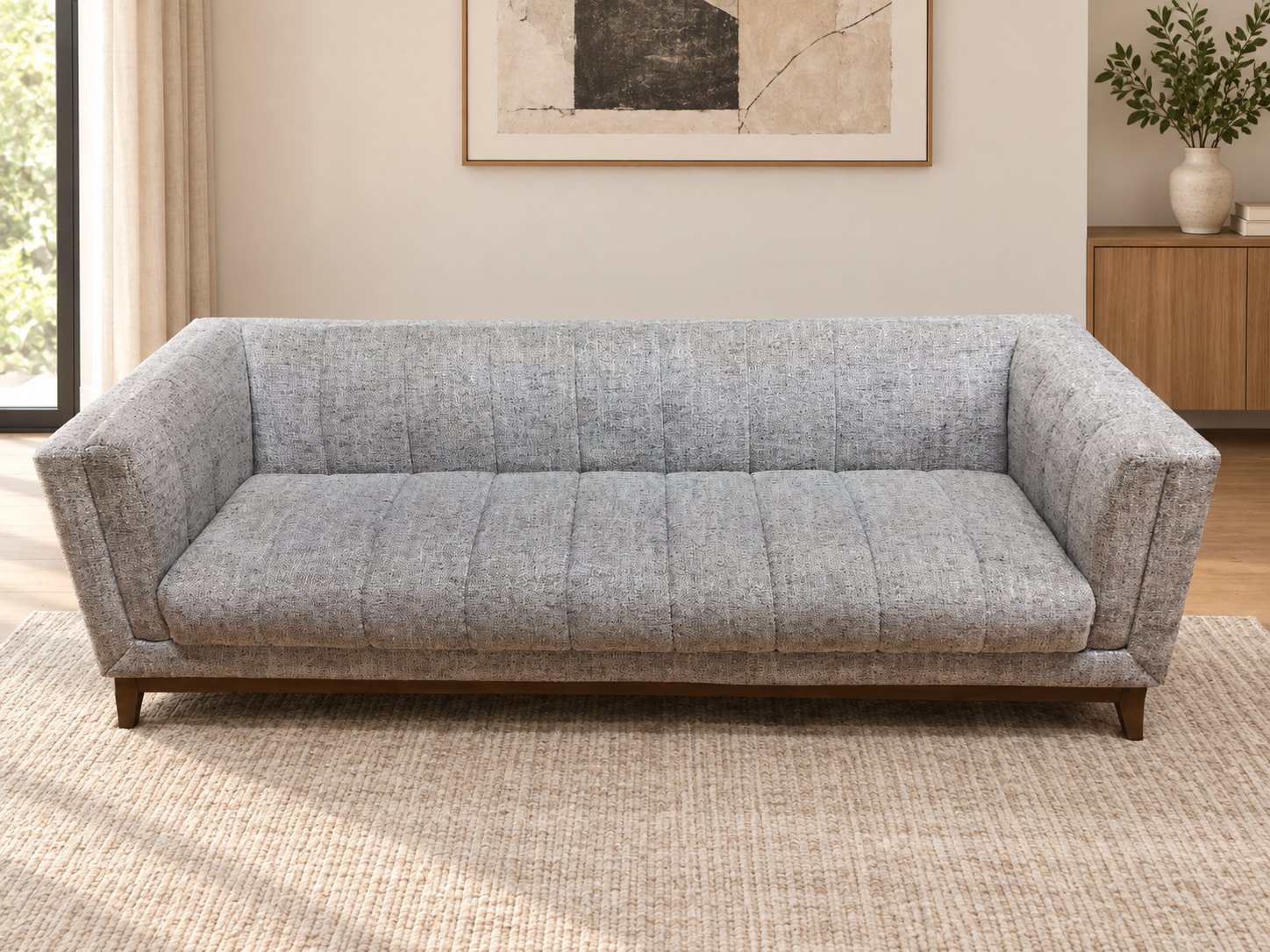 Three-seater upholstered sofa in grey textured fabric with wooden base & legs (233 x 82 x 70 cm)