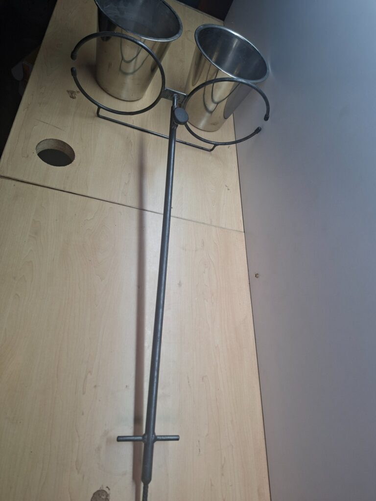 Adjustable metal double plant stand with two removable stainless-steel pots (pot Ø ~20–21 cm)