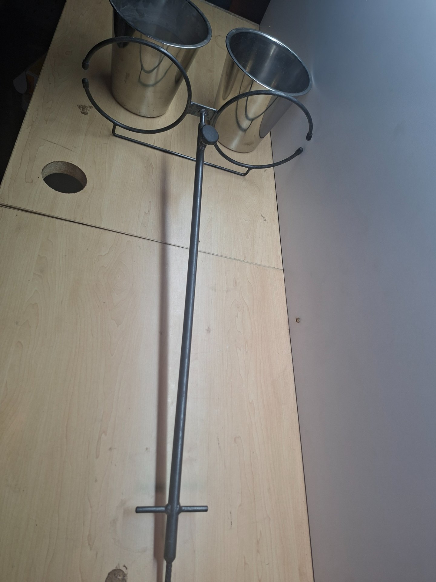 Adjustable metal double plant stand with two removable stainless-steel pots (pot Ø ~20–21 cm)