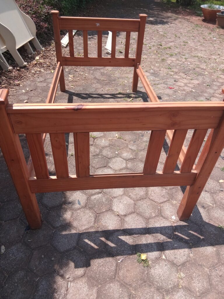 Single wooden bed frame – headboard, footboard & side rails (needs repair, missing slats)
