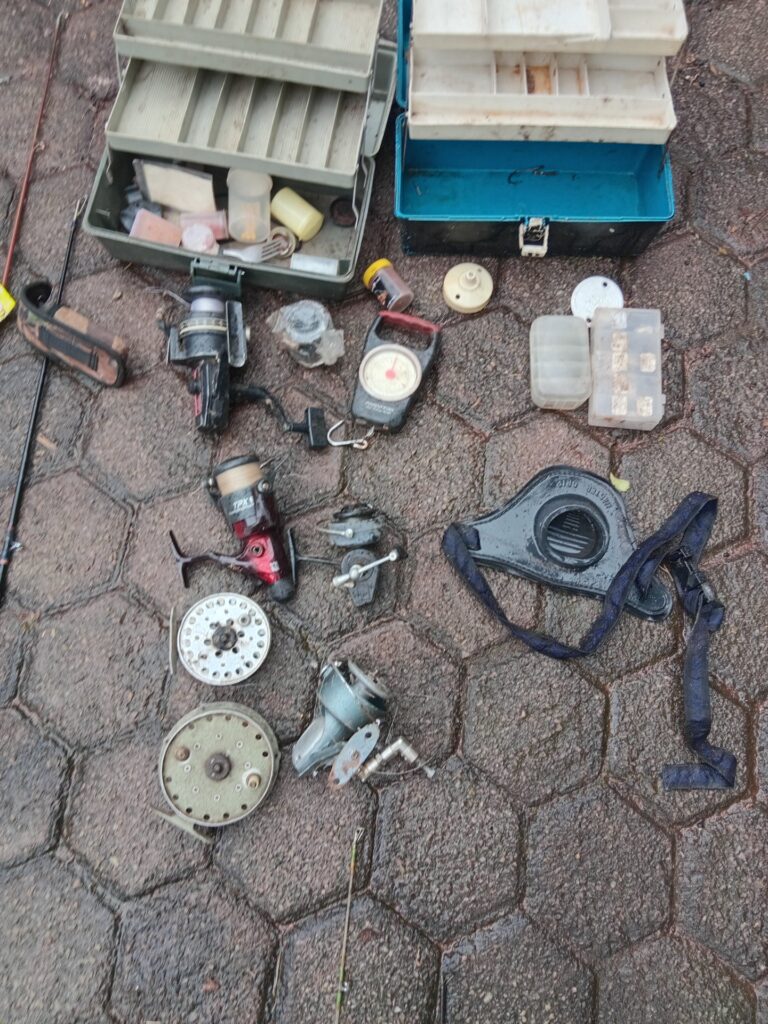 Mixed Fishing Tackle Lot — 12 Pieces: Assorted Reels, 2 Tackle Boxes, Rod Sections, Spools & Accessories (Used, Untested, Some Parts Missing)