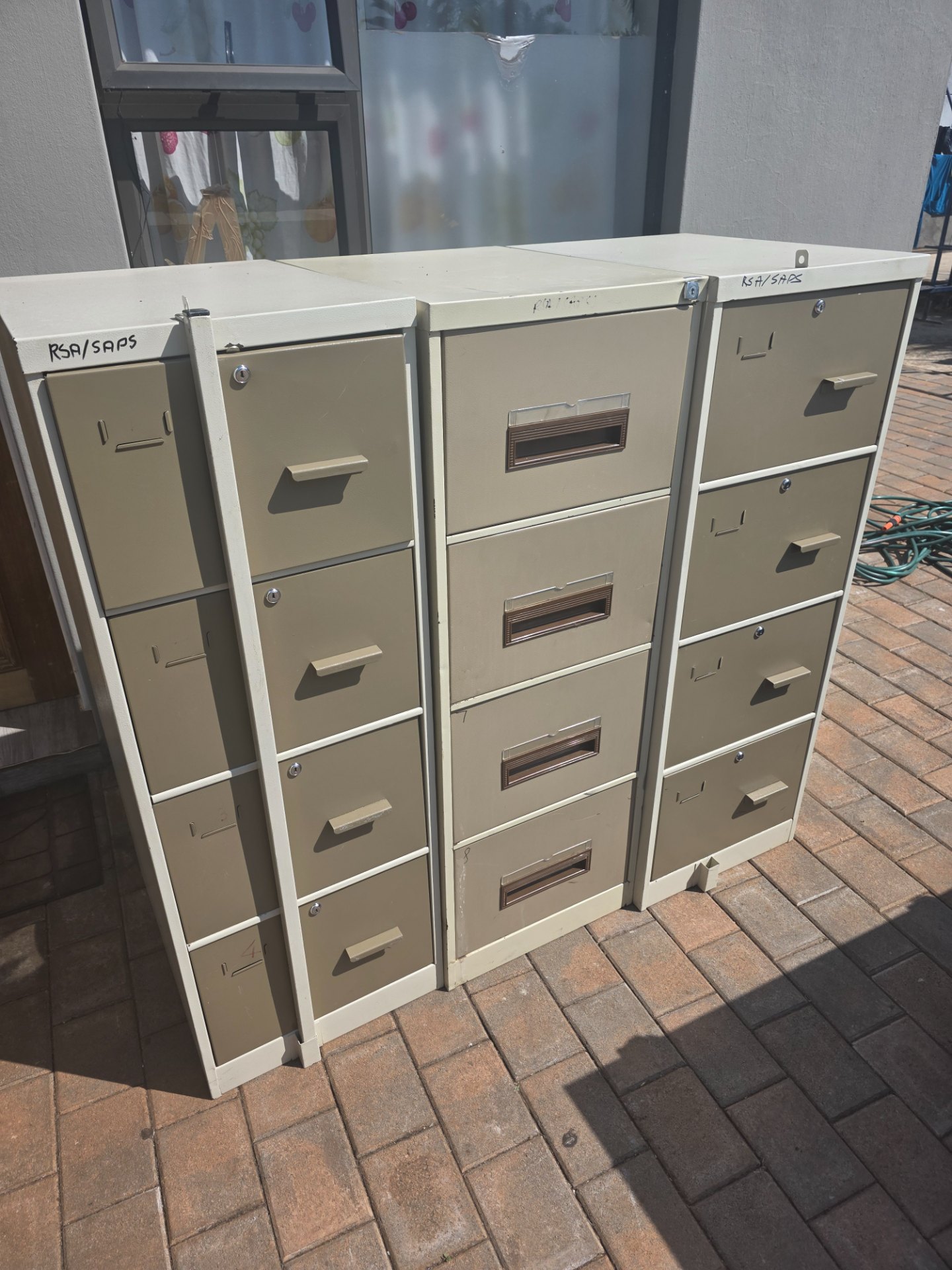 Lot of 3 Beige Vertical Metal Filing Cabinets – 3 freestanding units, drawers tested (no locks)