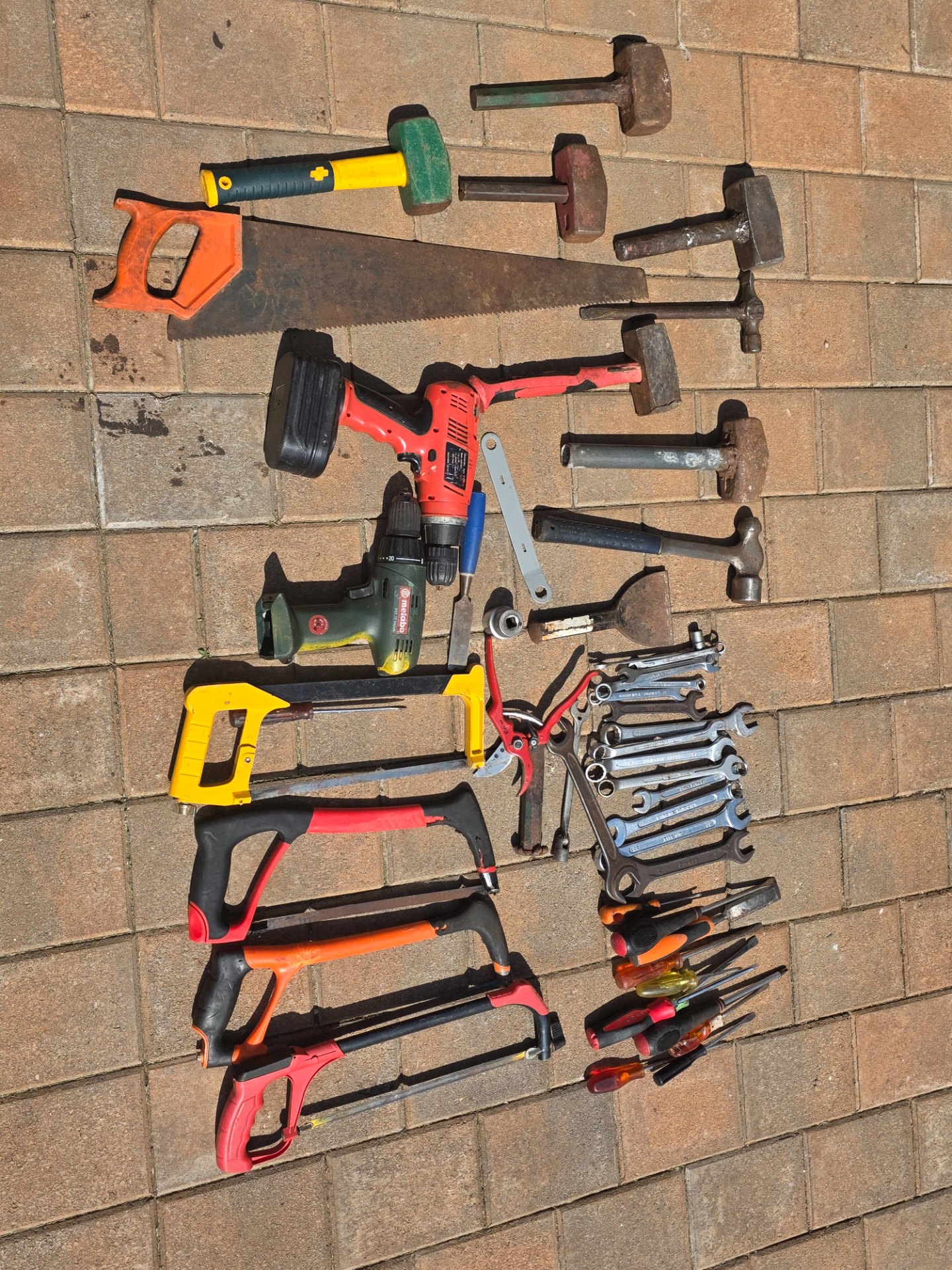 Bulk Lot: Used Hand Tools + 2 Cordless Drills (Metabo visible) — Untested, Rust & Wear