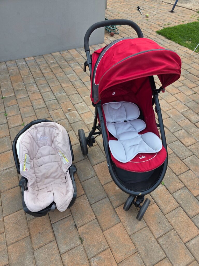 Joie red stroller + Graco infant carrier travel system — harnesses & adapters included