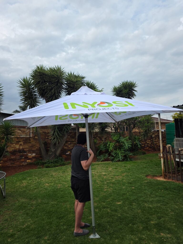 Promotional INYSI PROJECTS Outdoor Market Umbrella — Aluminium Frame, Printed White Canopy