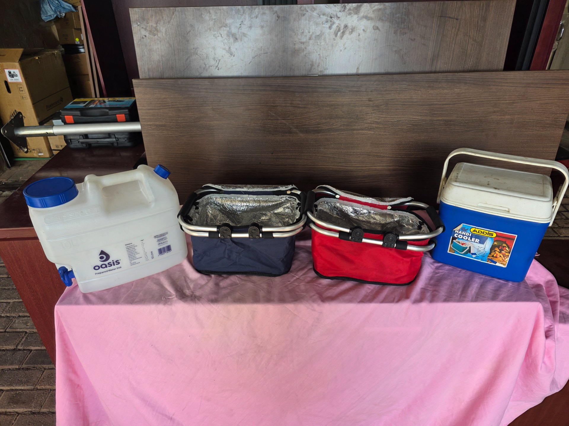 Bulk lot: 2 foldable insulated baskets (blue & red), 1 Addis hard cooler & Oasis 10L water container with tap — used