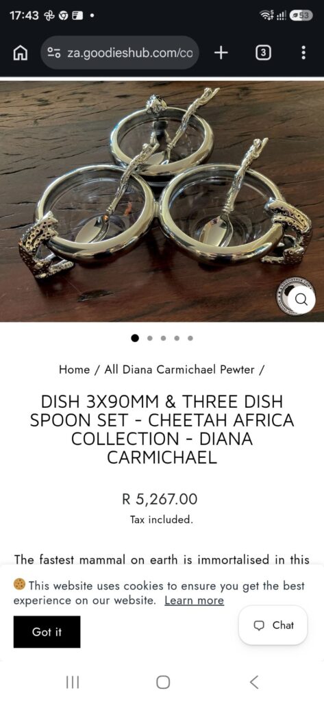 Diana Carmichael (marked DC) pewter-framed 3-dish condiment set with 3 cheetah-handle spoons