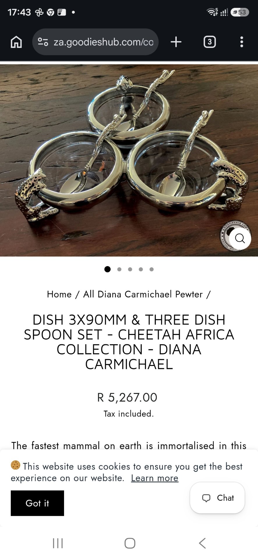 Diana Carmichael (marked DC) pewter-framed 3-dish condiment set with 3 cheetah-handle spoons