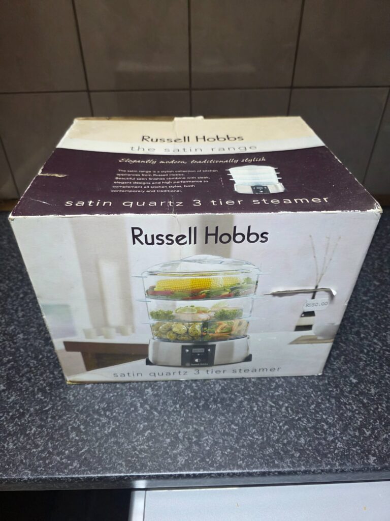 Russell Hobbs Satin Quartz 3‑Tier Food Steamer — boxed, new/unused (manual + tiers present)
