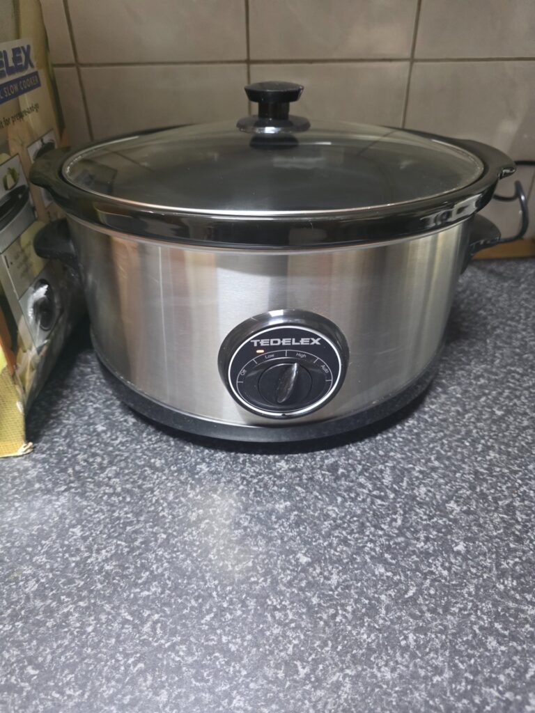 TEDELEX 6 Litre Oval Slow Cooker – Stainless Steel Body, Glass Lid & Removable Inner Pot (Tested Working)