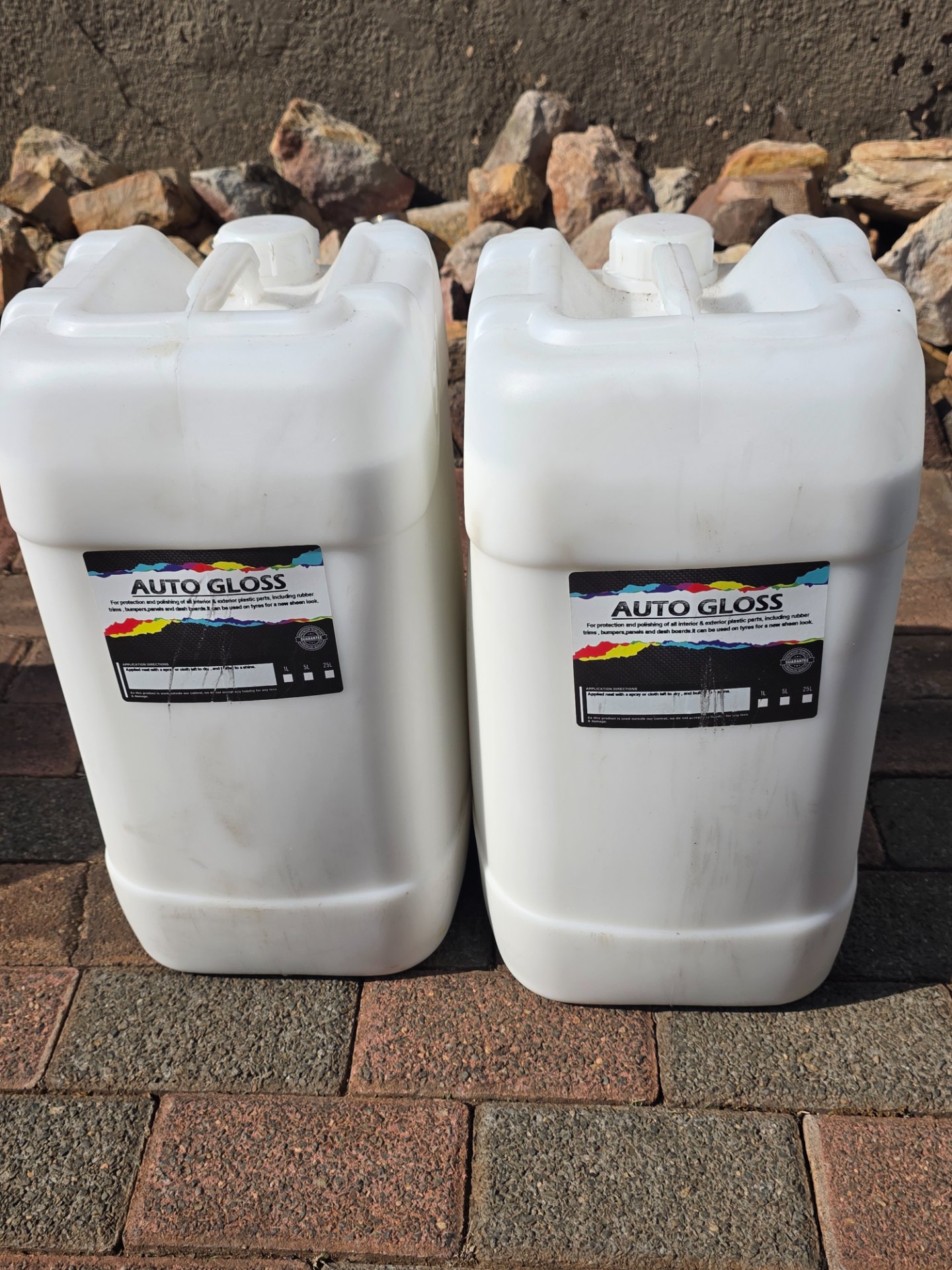 Pair of AUTO GLOSS 25L Plastic Jerry Cans — Sealed & Full