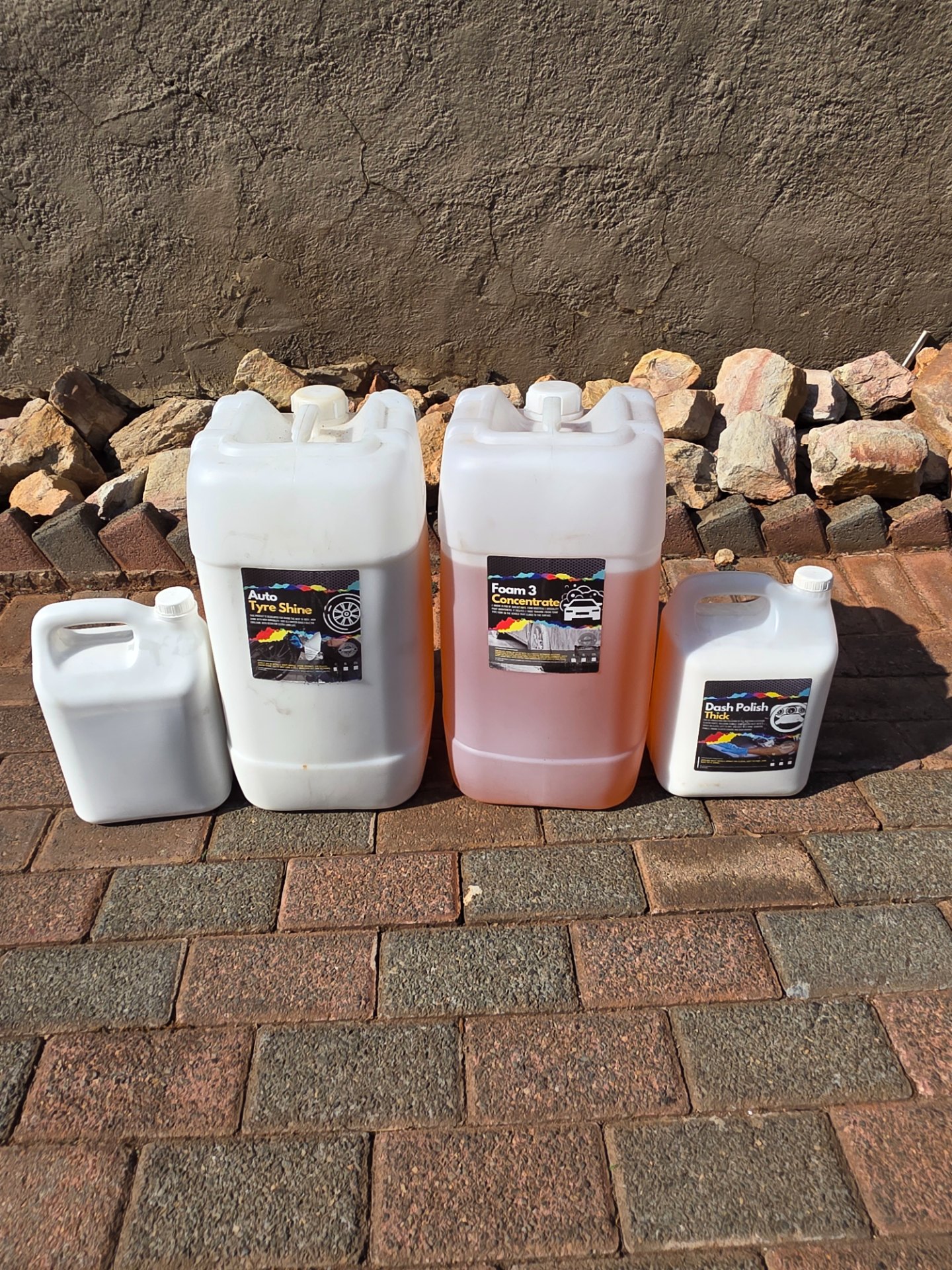 Bulk car care chemicals — 25L Foam 3 Concentrate + 25L Auto Tyre Shine + 2x 5L Dash Cleaner (opened, mostly full)