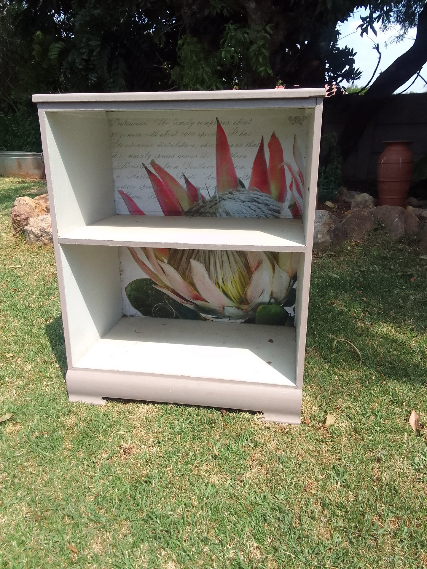 Painted Wooden 2-Shelf Cabinet / Bedside Bookcase – Floral backed, 76 cm H x 61 cm W