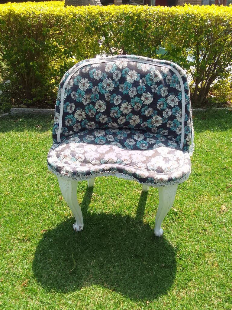 Small Upholstered Decorative Chair with Floral Slipcover — White Painted Cabriole Legs, Paint Wear