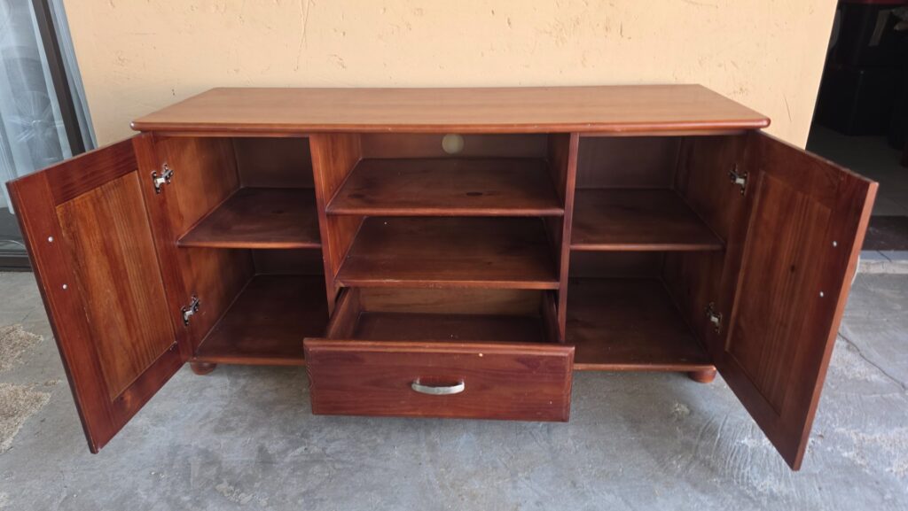 Wood TV / Console Cabinet — 2 Doors, Central Shelves, 1 Drawer, Rear Cable Hole