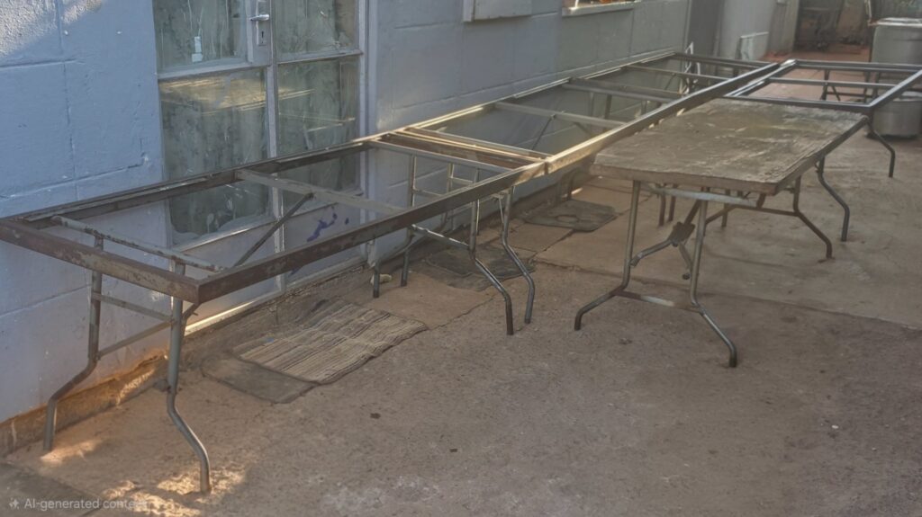 Lot of 5 Metal Market/Banquet Table Frames with Foldable Legs + 1 Worn Wooden Top — 180 x 73 x 72 cm