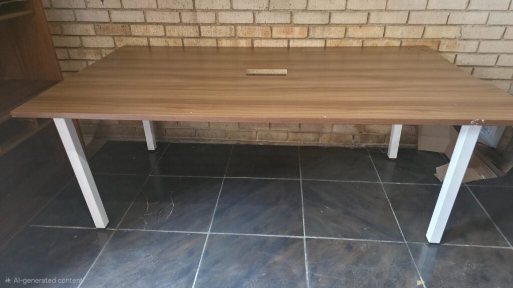 Large rectangular office desk — 200 x 110 x 75 cm, wood-effect top, white metal legs, central cable cut-out