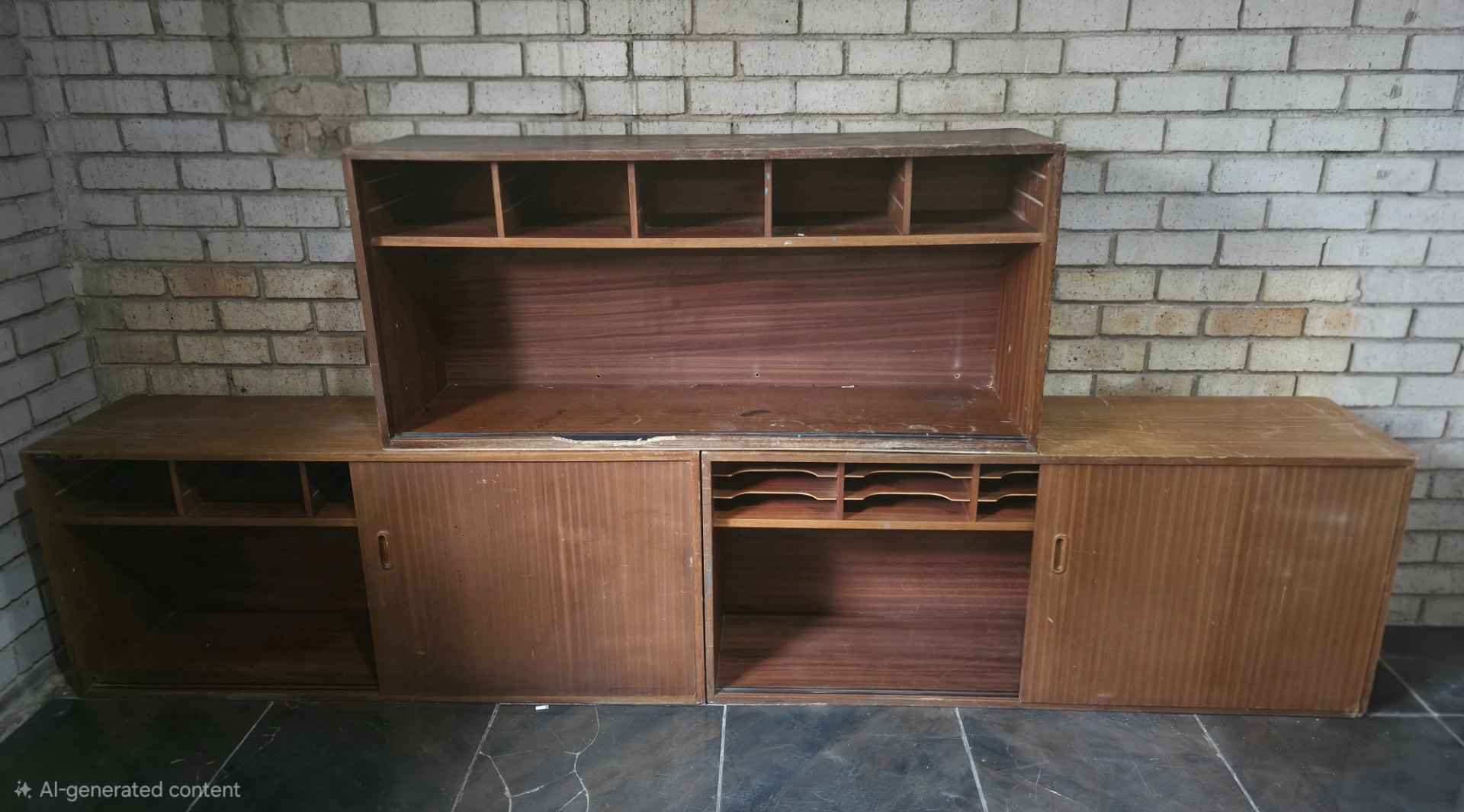 Modular stacked wooden shelving unit with pigeonholes and sliding tambour doors — worn, front edge veneer chip