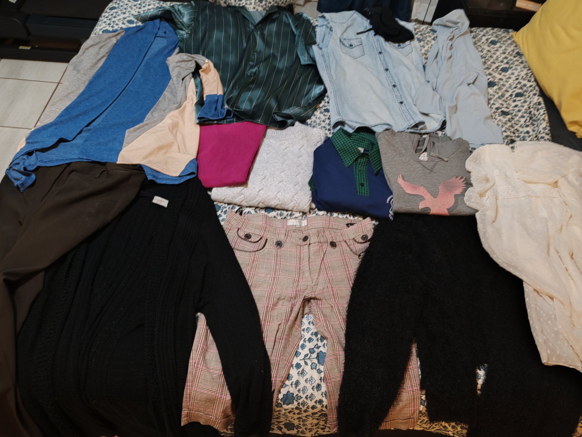 Mixed women’s clothing lot — assorted tops, jumpers, trousers (M-L), branded tags visible