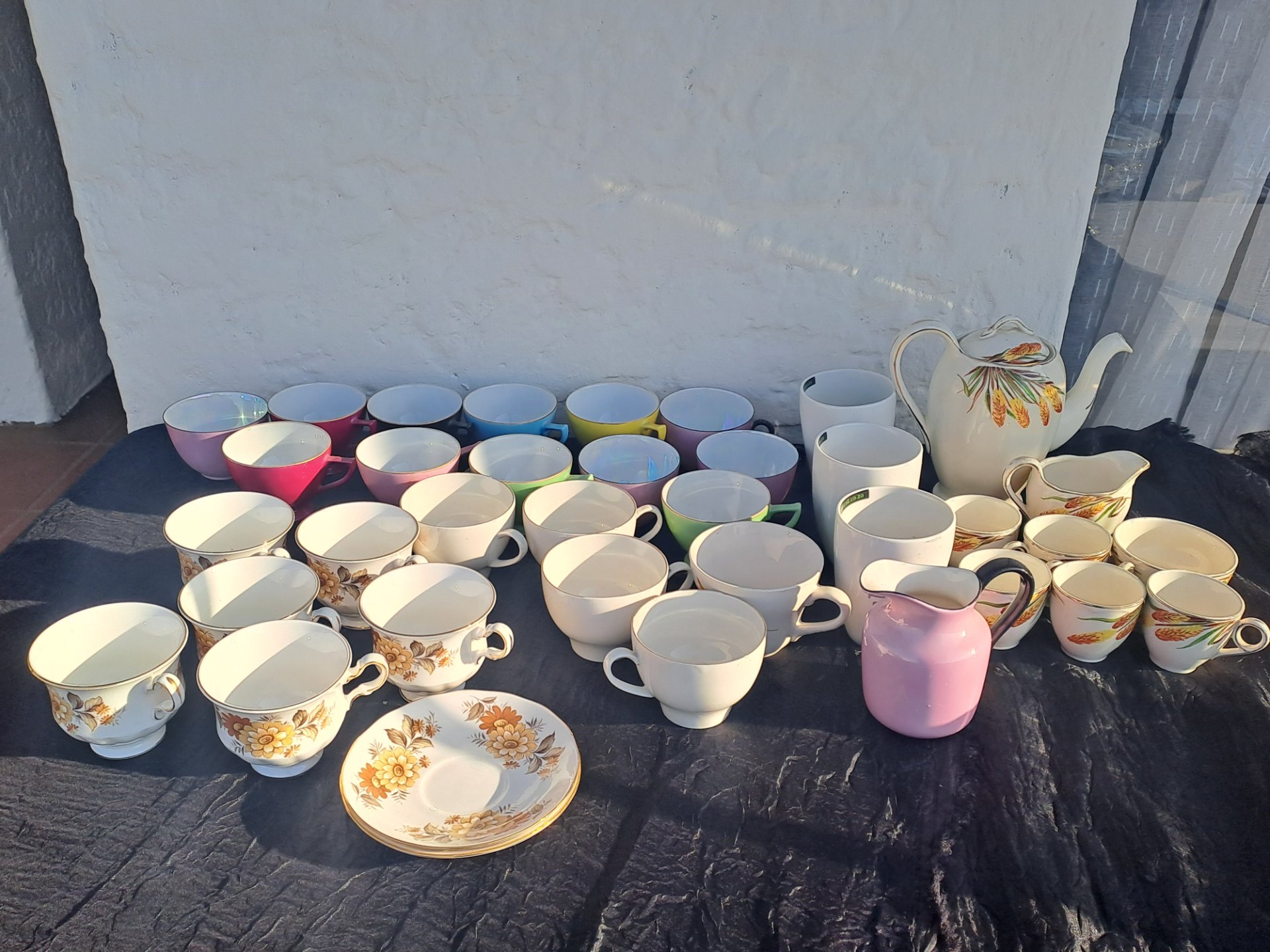Mixed lot vintage bone china tea set – assorted teacups, saucers, teapot & milk jug (Queen Anne + green ship backstamp)