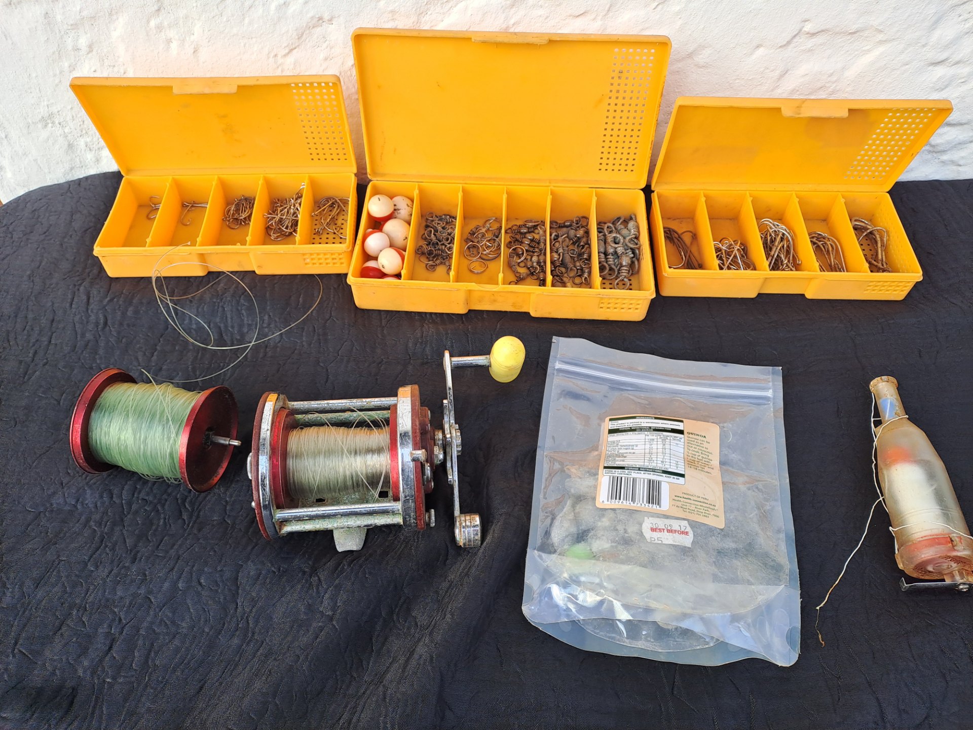 Mixed Fishing Tackle Lot — 3 Compartment Boxes, Assorted Hooks, Swivels, Weights, Floats + 2 Reels (one stamped ‘Penn Master 1650’)