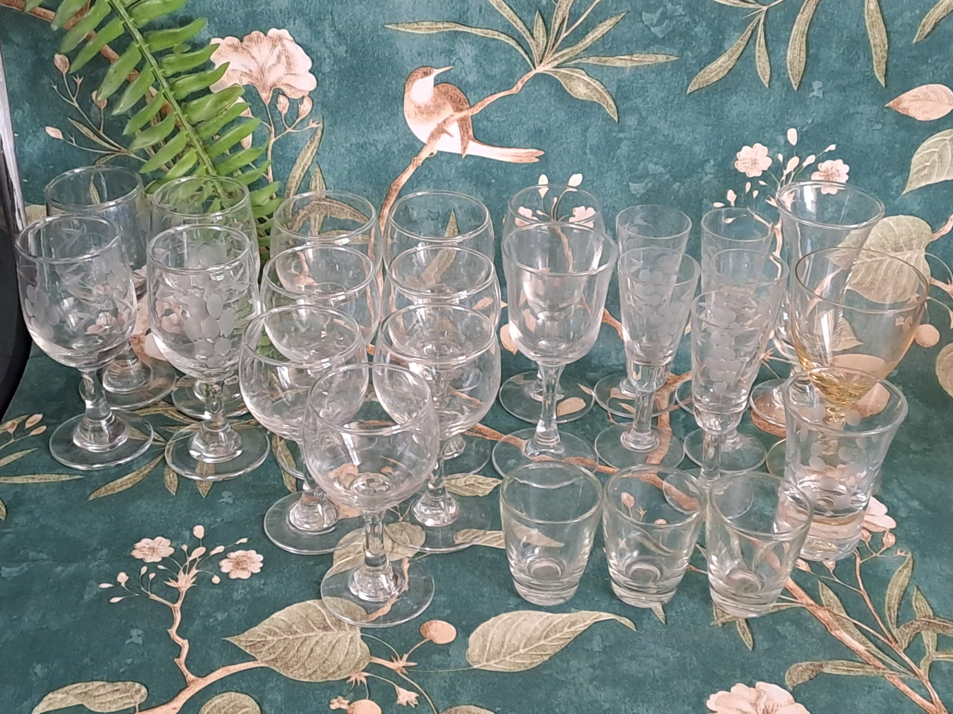 Mixed lot of small etched stem & tumbler glassware — frosted grape motif, mixed sherry/liqueur stems