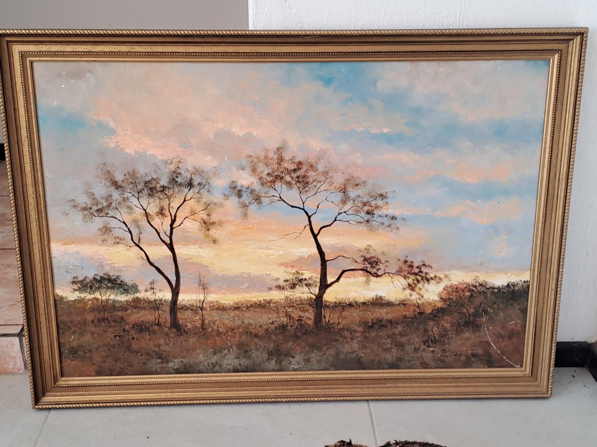 Signed landscape painting ‘C Honter’ — textured impasto on wood panel in decorative gilt frame (visible surface damage)