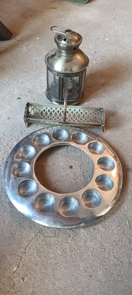 Lot of 3 Decorative Metalware — Star‑punched Lantern, Pierced Tray with Folding Handle & 12‑cup Circular Egg Tray