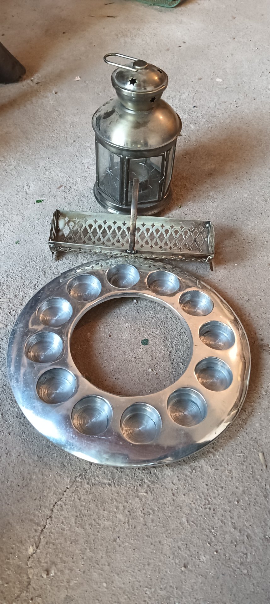Lot of 3 Decorative Metalware — Star‑punched Lantern, Pierced Tray with Folding Handle & 12‑cup Circular Egg Tray