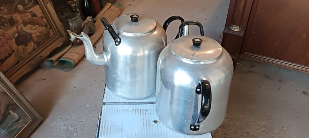 Lot of 2 Large Aluminium Stovetop Kettles / Tea Urns — Lids & Handles Present, Good Used Condition