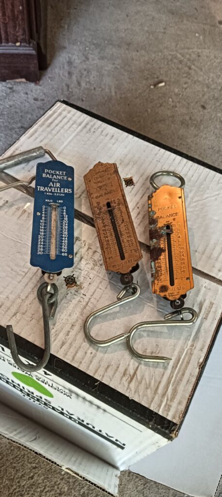 Lot of 3 Pocket Balance / Spring Scales – metal hooks & sliding indicators, used