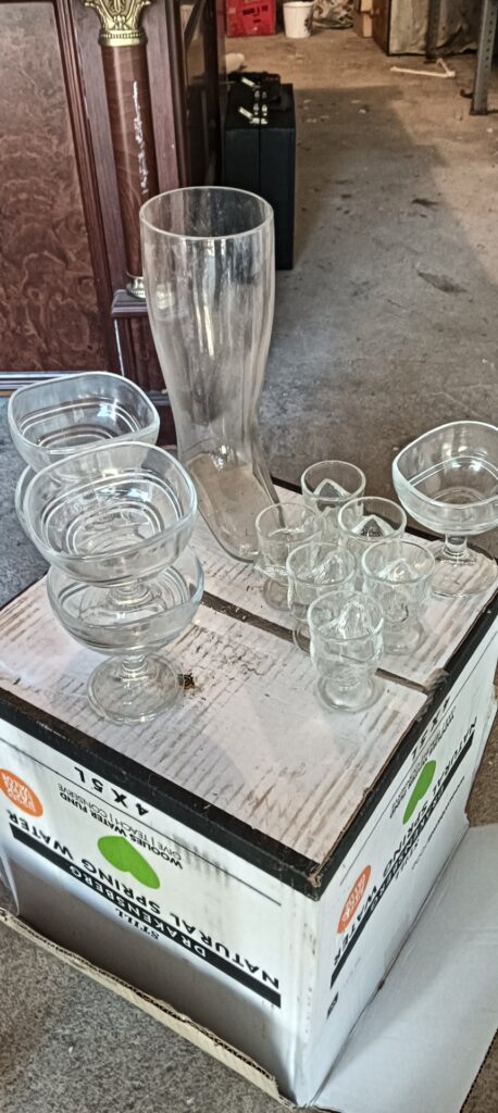Lot of 12 Clear Glassware — Tall boot-shaped vase + 4 stemmed dessert bowls + 6 small shot/cordial glasses
