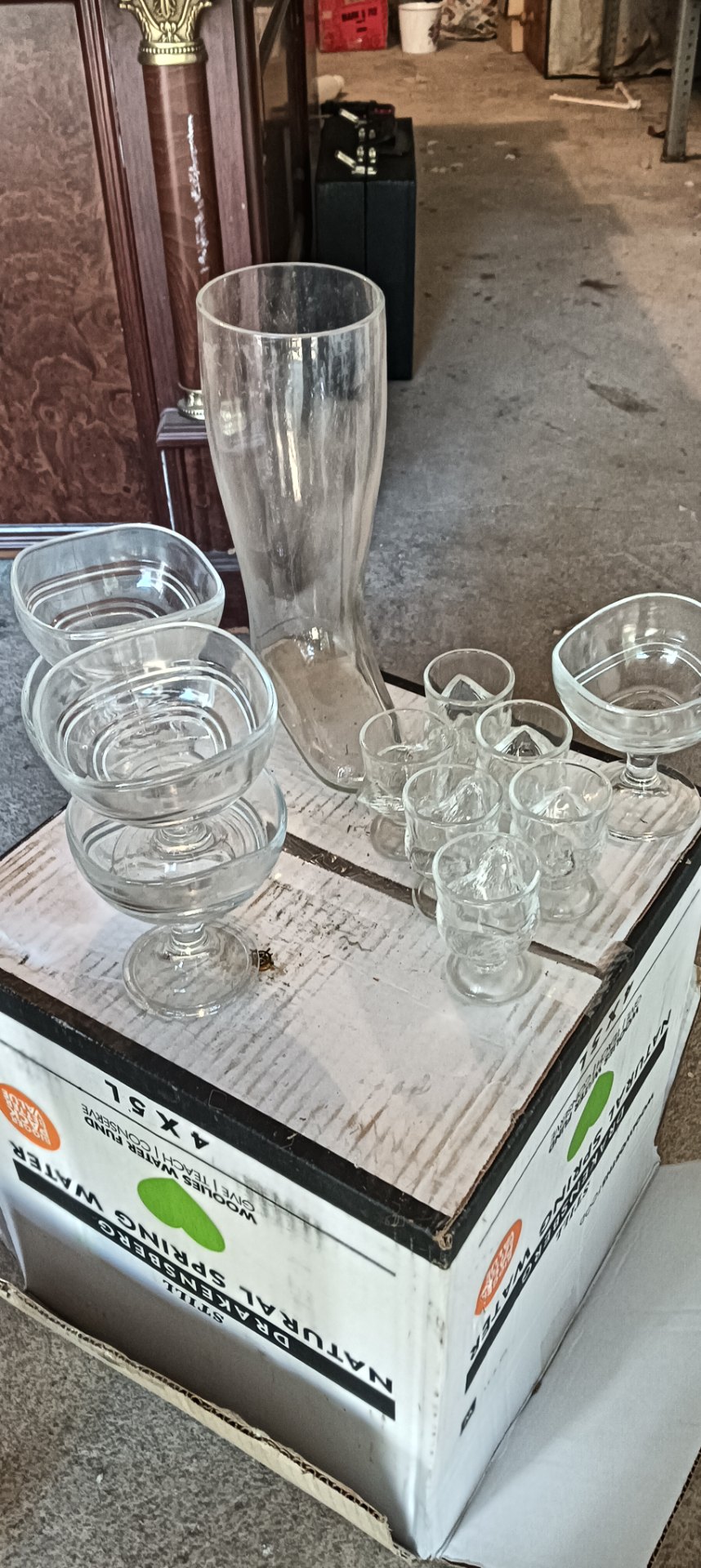Lot of 12 Clear Glassware — Tall boot-shaped vase + 4 stemmed dessert bowls + 6 small shot/cordial glasses