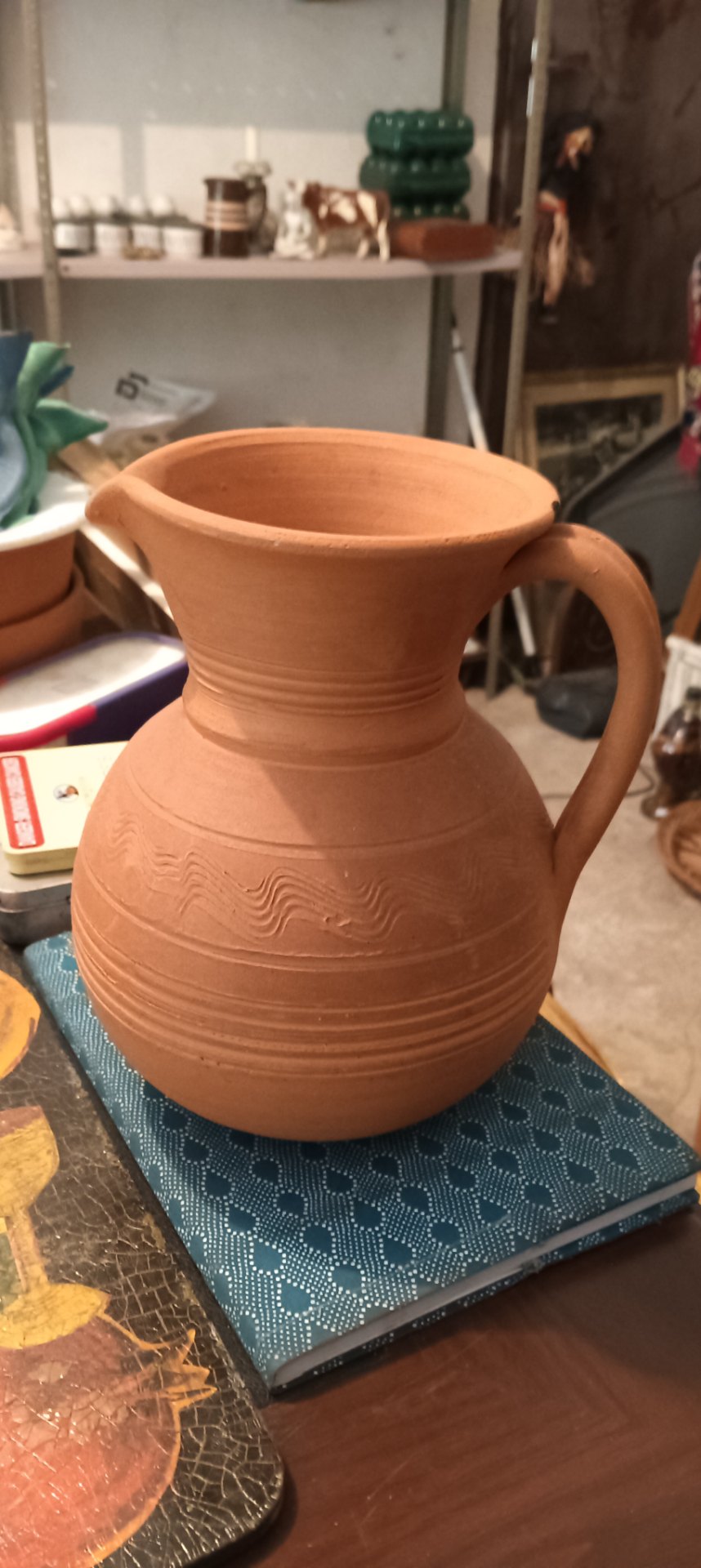 Unglazed Terracotta Jug / Pitcher — Decorative incised bands, 20 cm, watertight (visible handle crack & rim chip)