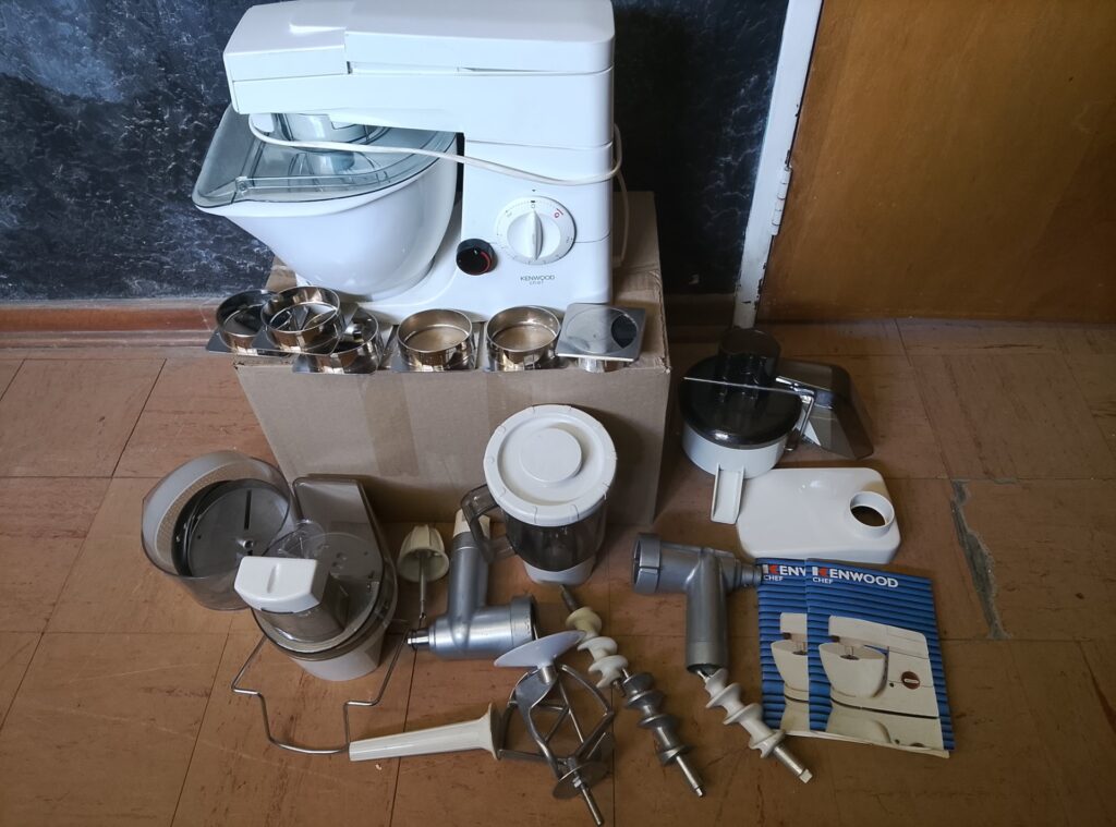 Kenwood Chef stand mixer with extensive attachments, slicer discs, mincer and manuals (worked last time)