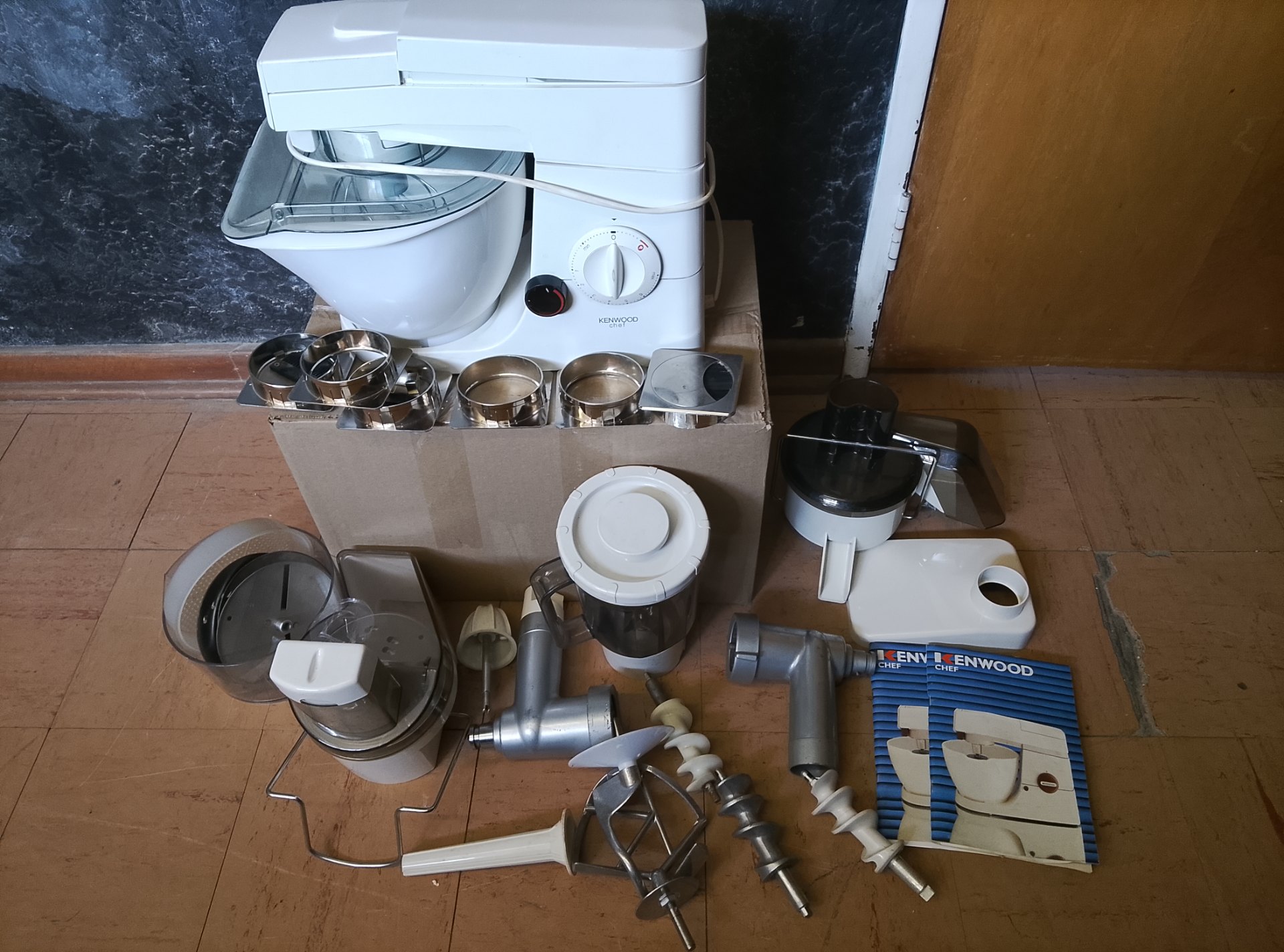 Kenwood Chef stand mixer with extensive attachments, slicer discs, mincer and manuals (worked last time)
