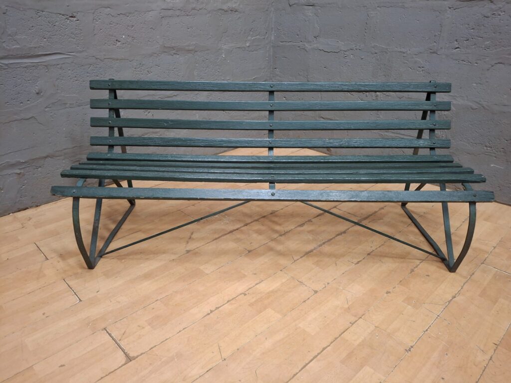 Green Slatted Outdoor Garden Bench — Metal Frame with Wood Slats, 172 x 66 x 72 cm (two-seater)