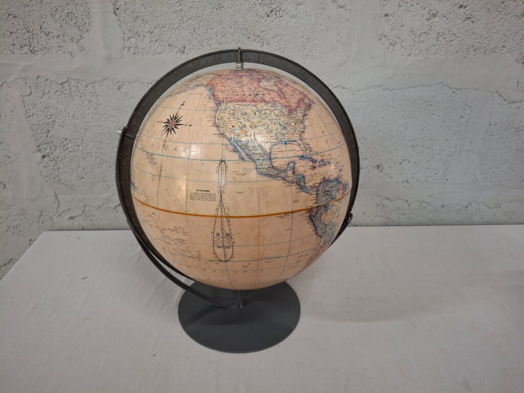 Rand McNally Terrestrial Globe (12in) on Metal Meridian & Stand — vintage decorative globe, repaired gores