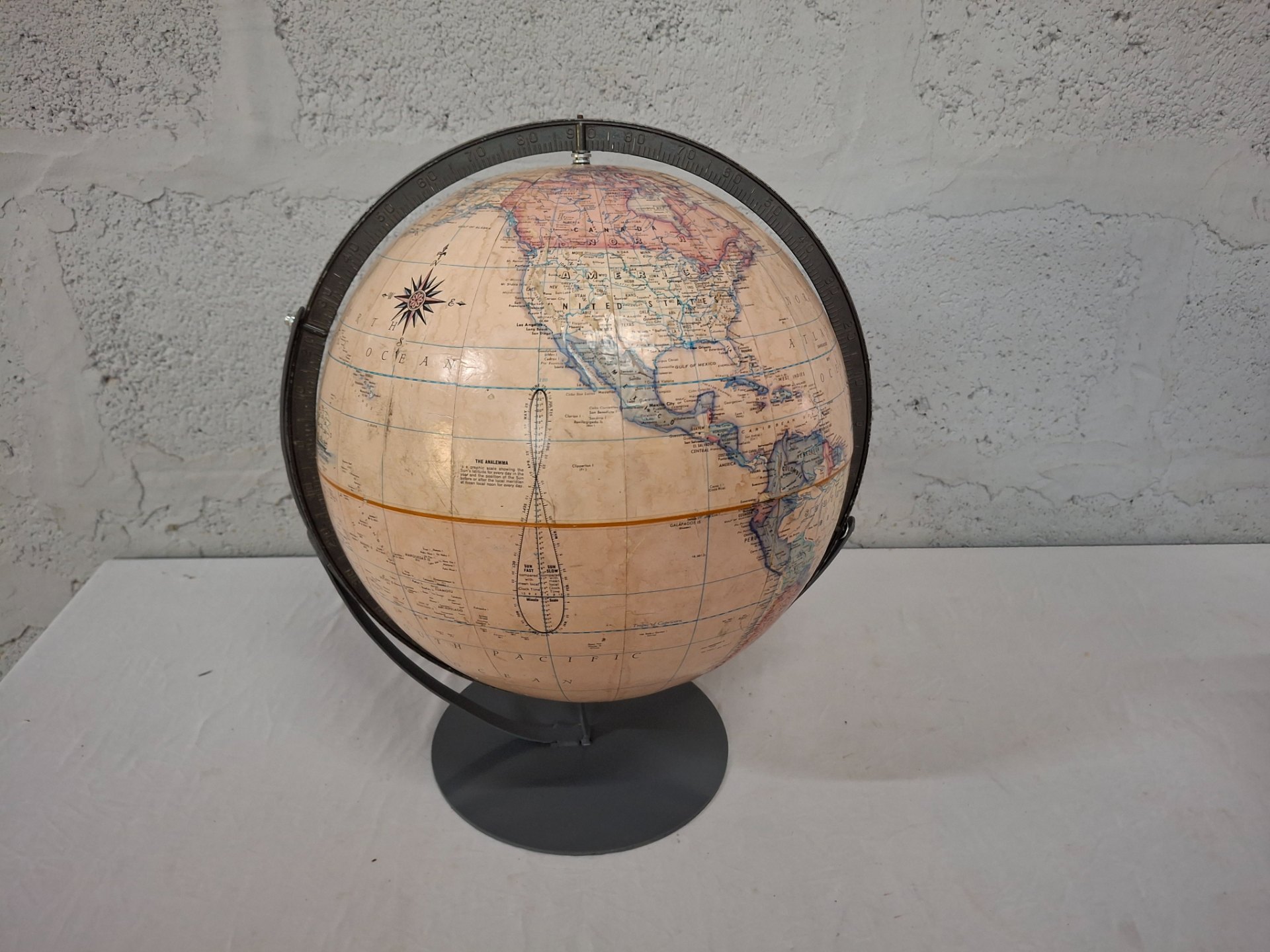 Rand McNally Terrestrial Globe (12in) on Metal Meridian & Stand — vintage decorative globe, repaired gores