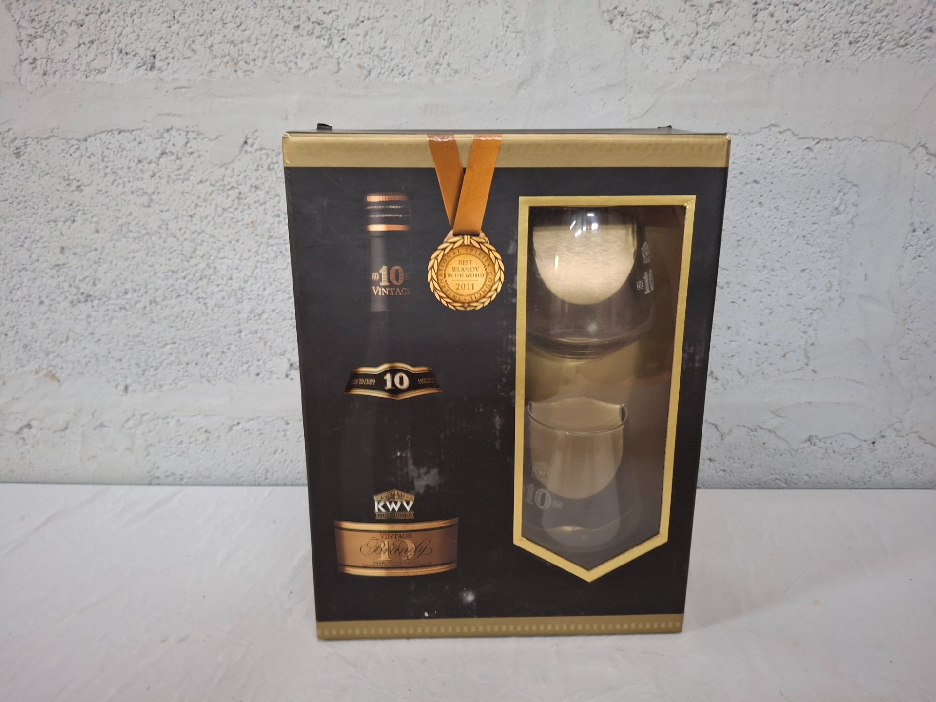 KWV 10-Year Brandy Gift Set — sealed bottle in presentation box with two glasses