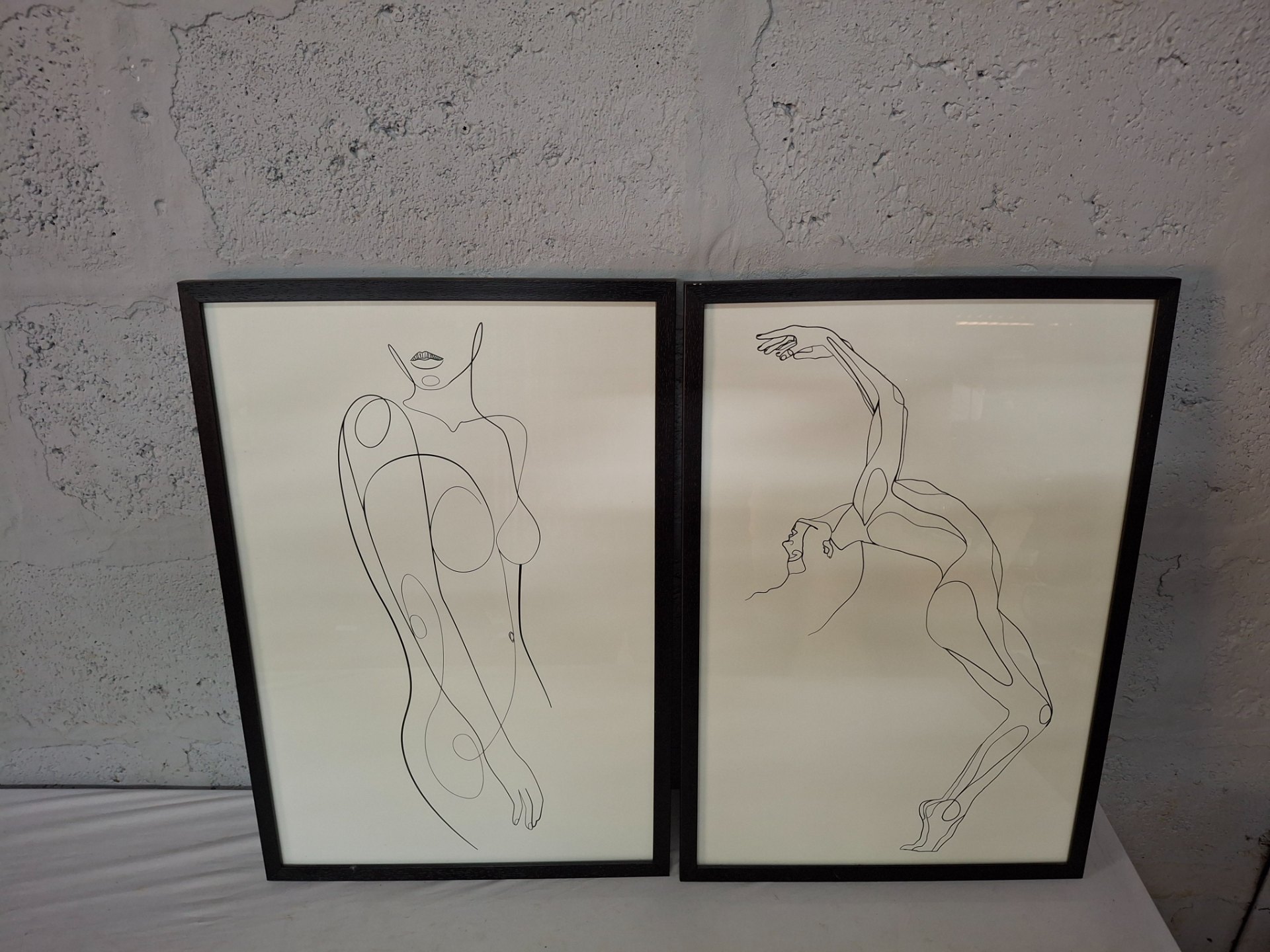 Pair of large black framed line-art prints — 43 x 63 cm, glazing intact