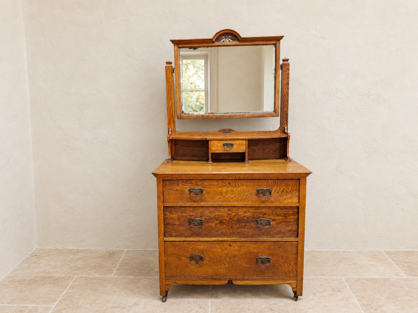 Vintage Oak Dresser / Chest of Drawers with Swivel Mirror and Upper Compartments