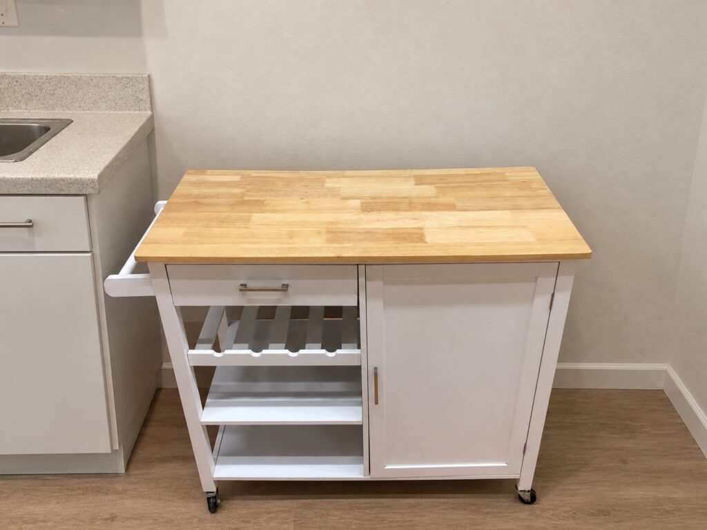 White Mobile Kitchen Island / Butcher‑Block Top Cart with Drawer, Wine Rack & Cabinet — 108 x 48 x 89 cm