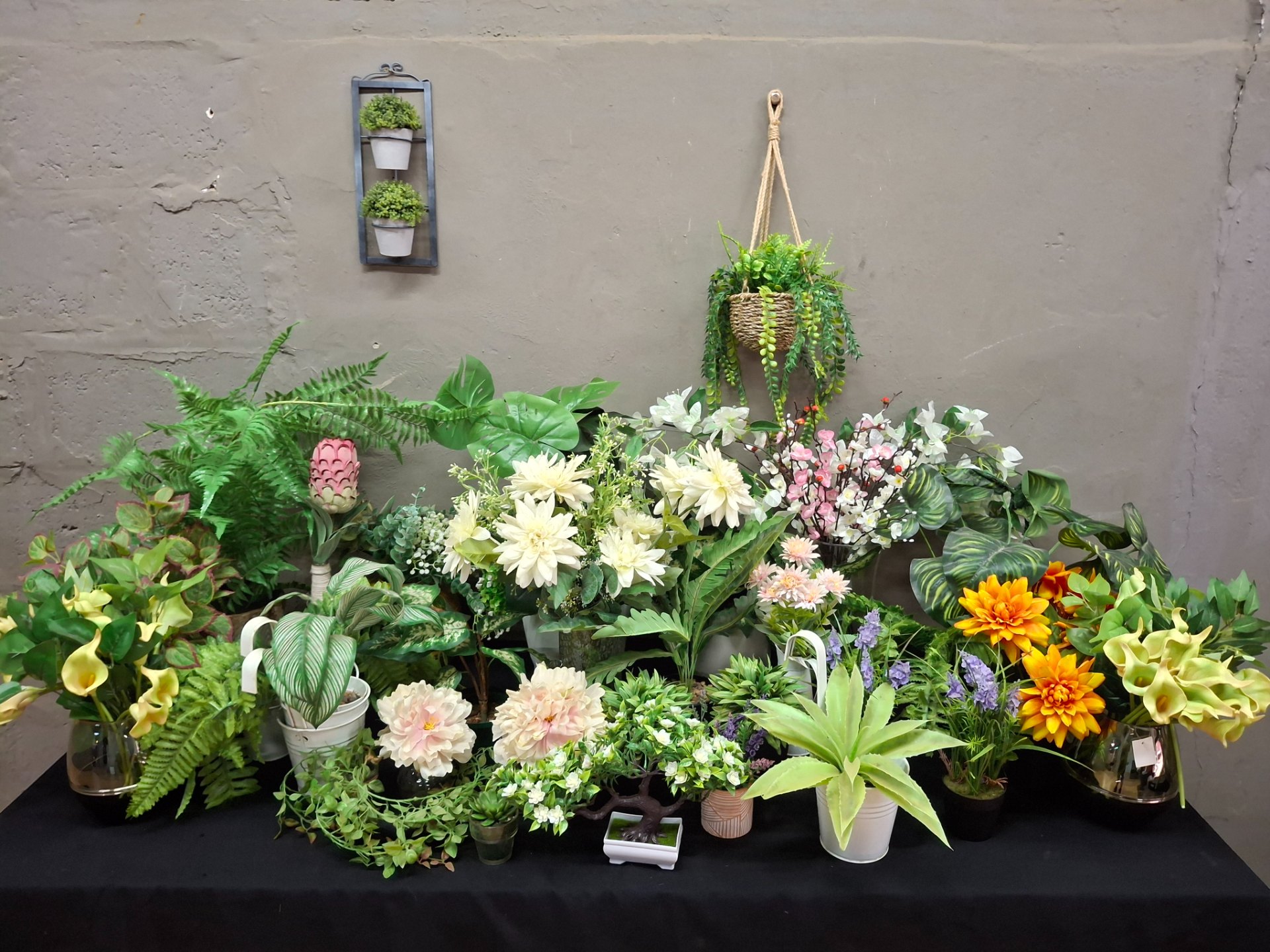 Lot of Assorted Artificial Potted Plants, Hanging Basket & Wall Planter — Est. 31 Pieces, Good Condition