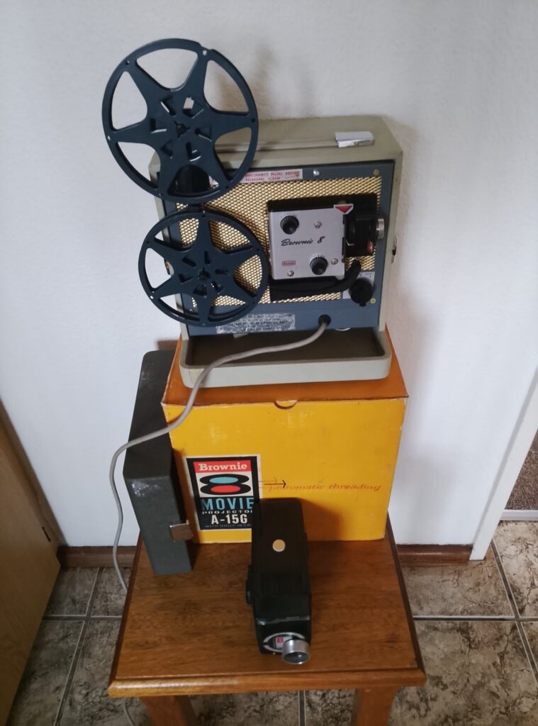 Kodak Brownie 8 A-15G movie projector in original box with Kodak Hawkeye 8 camera, 2 reels — mains tested & working