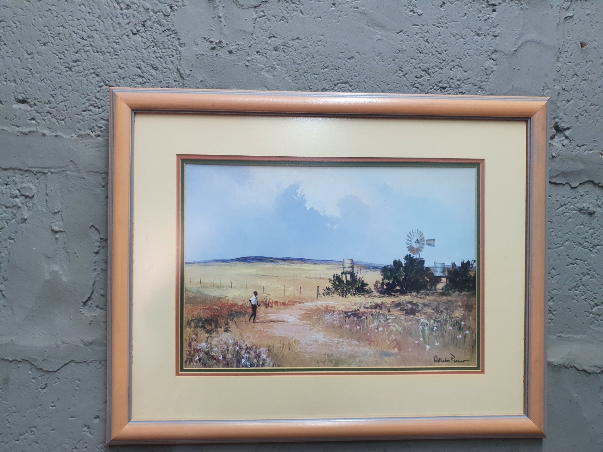 Framed signed landscape print — matted, glazed, 45 x 60 cm, light wear