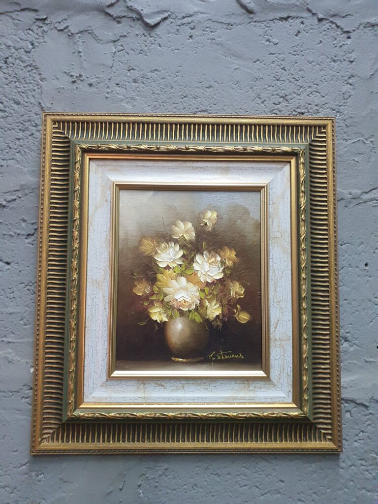 Signed ‘T. Stevens’ framed oil-on-board floral still life — gilt decorative frame