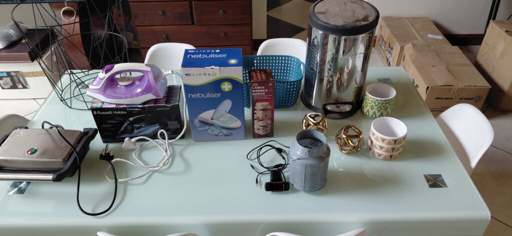 Mixed household lot — Platinum steam iron, Platinum sandwich press, boxed Clicks nebuliser, pedal bin, webcam & homewares (used, worked last time)